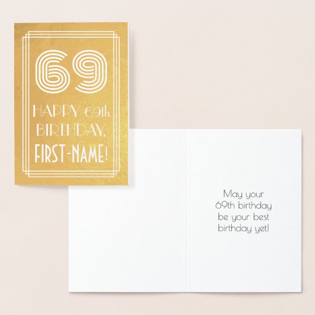 69th Birthday – Art Deco Inspired Look "69" + Name Foil Card (Display)