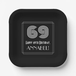 69th Birthday — Art Deco Inspired Look “69” + Name Paper Plate