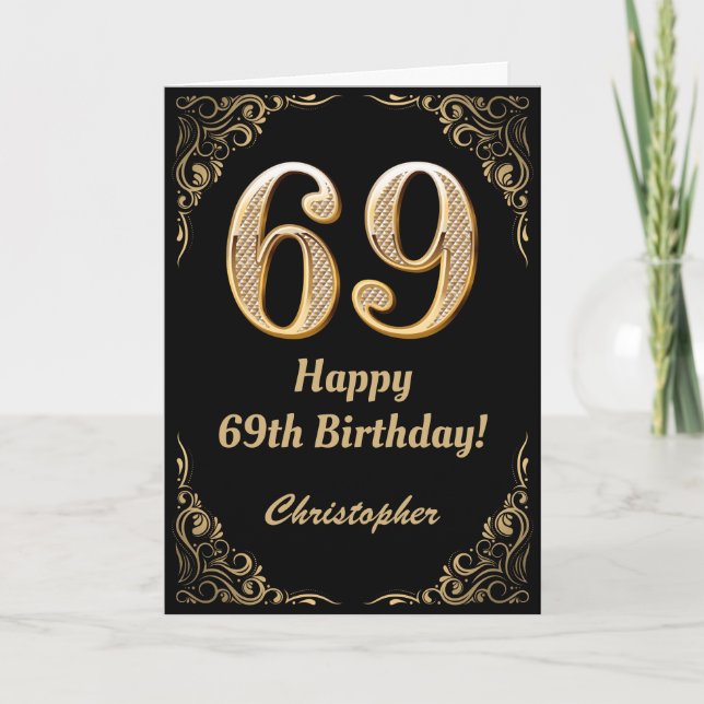 69th Birthday Black and Gold Glitter Frame Card (Front)