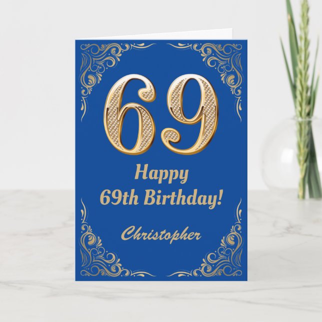 69th Birthday Blue and Gold Glitter Frame Card (Front)