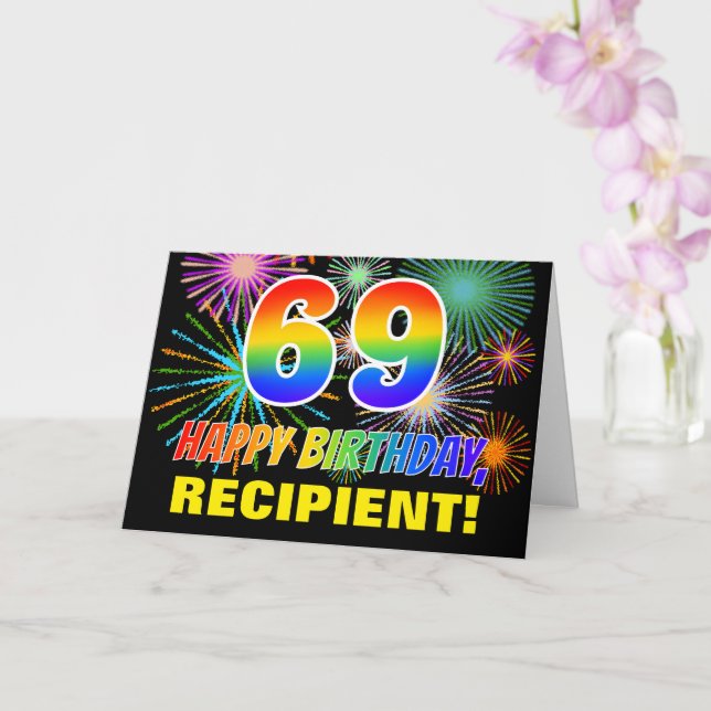 69th Birthday: Bold, Fun, Fireworks, Rainbow 69 Card (Orchid)