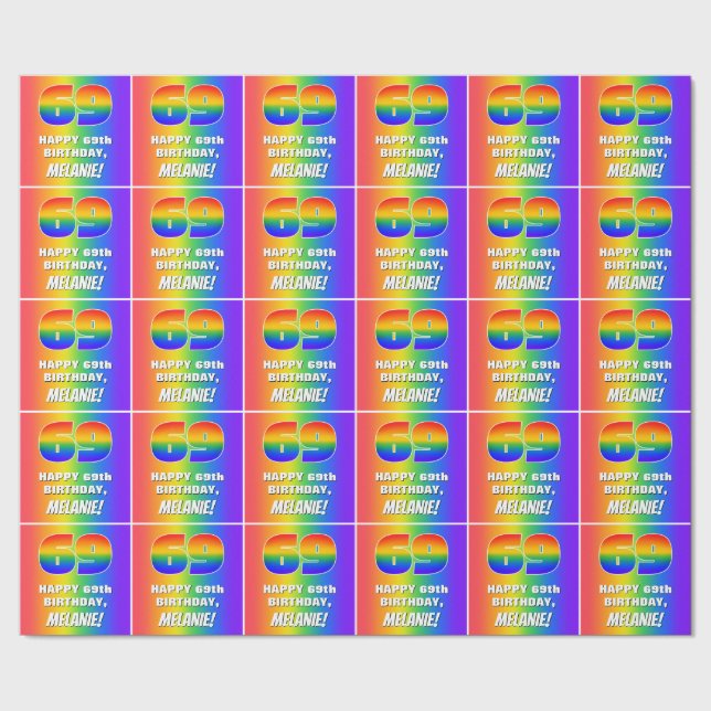 69th Birthday: Colourful, Fun Rainbow Pattern # 69 Wrapping Paper (Seam)