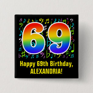 69th Birthday: Colourful Music Symbols, Rainbow 69 15 Cm Square Badge