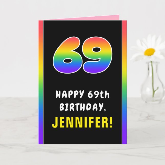 69th Birthday: Colourful Rainbow # 69, Custom Name Card (Small Plant)
