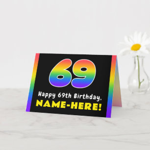 69th Birthday: Colourful Rainbow # 69, Custom Name Card
