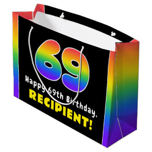 69th Birthday: Colourful Rainbow # 69, Custom Name Large Gift Bag