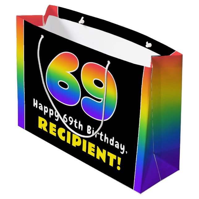 69th Birthday: Colourful Rainbow # 69, Custom Name Large Gift Bag (Back Angled)