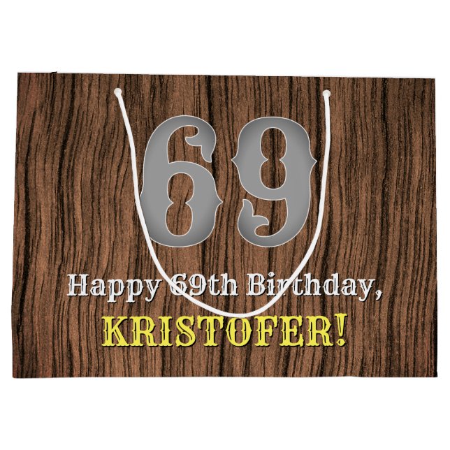 69th Birthday: Country Western Inspired Look, Name Large Gift Bag (Back)