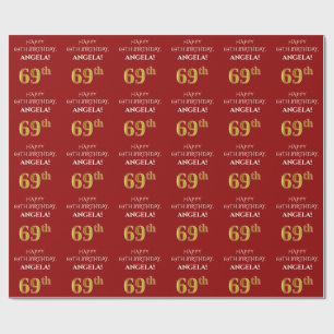 69th Birthday: Elegant, Red, Faux Gold Look Wrapping Paper