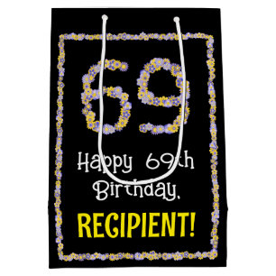 69th Birthday: Floral Flowers Number, Custom Name Medium Gift Bag