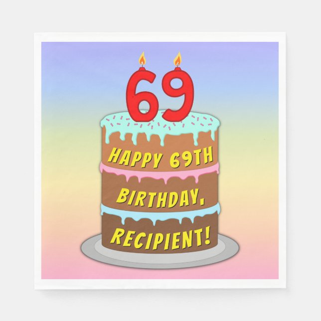 69th Birthday: Fun Cake and Candles + Custom Name Napkin (Front)