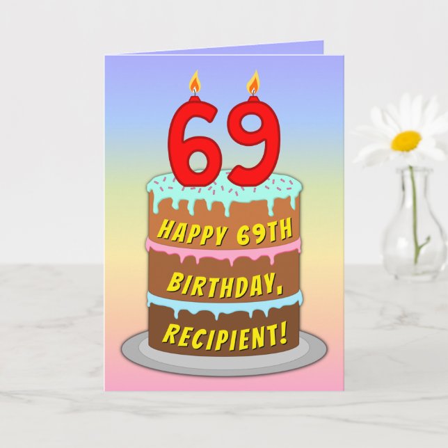 69th Birthday — Fun Cake & Candles, w/ Custom Name Card (Small Plant)