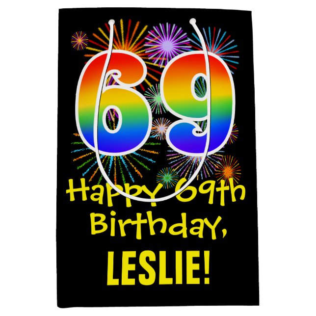 69th Birthday: Fun Fireworks Pattern + Rainbow 69 Medium Gift Bag (Front)