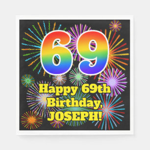 69th Birthday: Fun Fireworks Pattern + Rainbow 69 Napkin