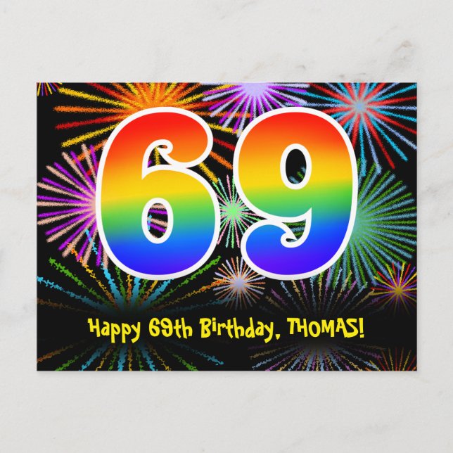 69th Birthday – Fun Fireworks Pattern + Rainbow 69 Postcard (Front)