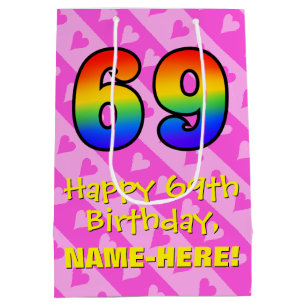 69th Birthday: Fun Pink Hearts Stripes; Rainbow 69 Medium Gift Bag