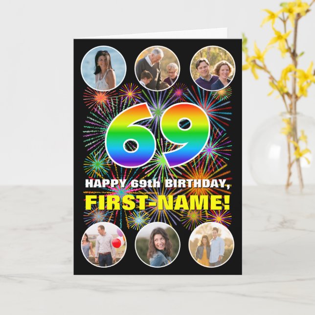 69th Birthday: Fun Rainbow #, Custom Name & Photos Card (Yellow Flower)