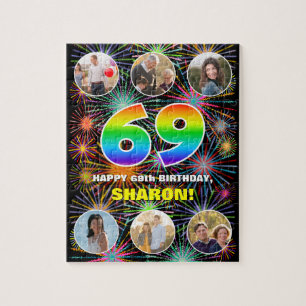 69th Birthday: Fun Rainbow #, Custom Name + Photos Jigsaw Puzzle