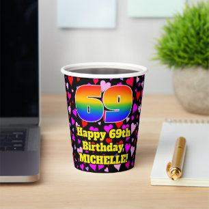 69th Birthday: Loving Hearts Pattern, Rainbow 69 Paper Cups
