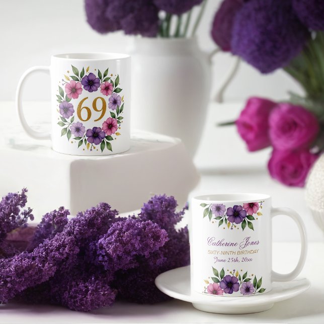 69th Birthday Mug – Floral Wreath with Gold Number (Creator Uploaded)
