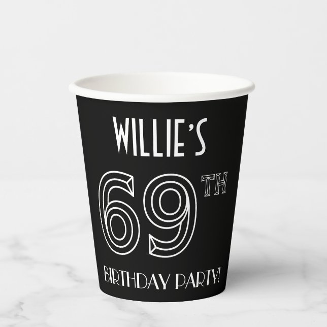 69th Birthday Party: Art Deco Style + Custom Name Paper Cups (Front)