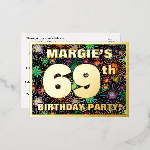 69th Birthday Party: Bold, Colourful Fireworks Loo Foil Invitation Postcard