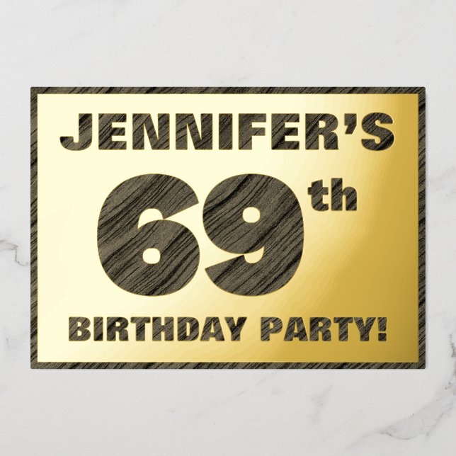 69th Birthday Party — Bold, Faux Wood Grain Text (Front)