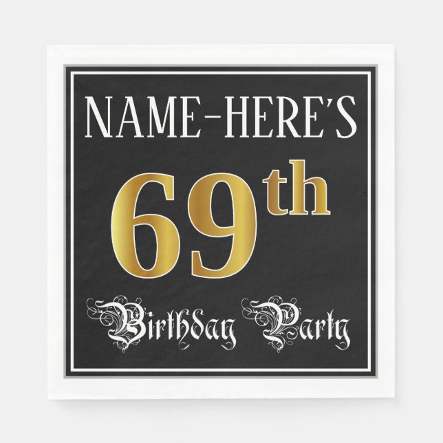 69th Birthday Party — Fancy Script, Faux Gold Look Napkin (Front)