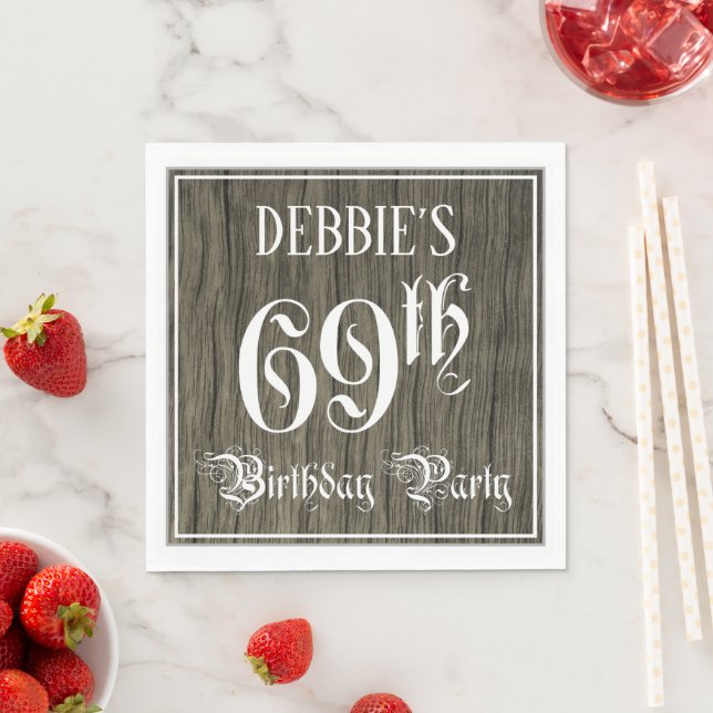 69th Birthday Party — Fancy Script, Faux Wood Look Napkin (Insitu)