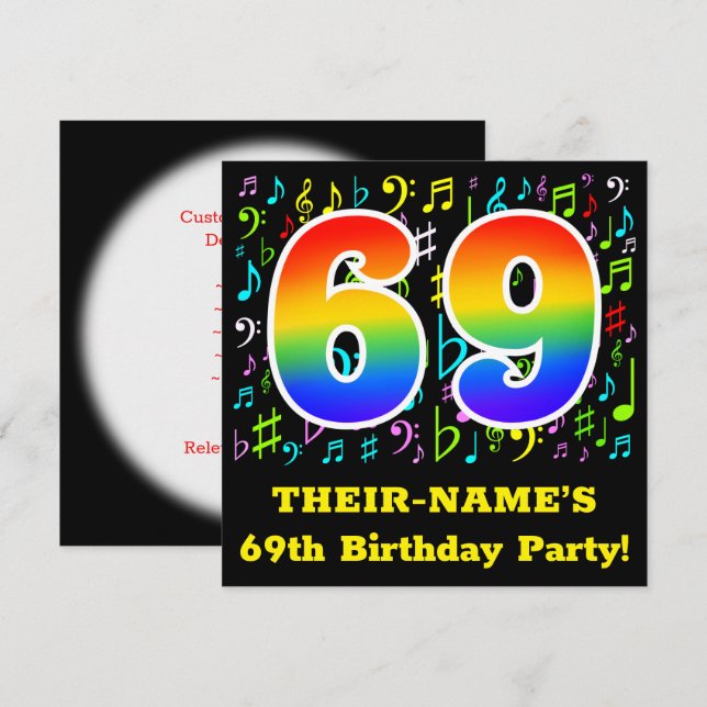 69th Birthday Party: Fun Music Symbols, Rainbow 69 Invitation (Front/Back)