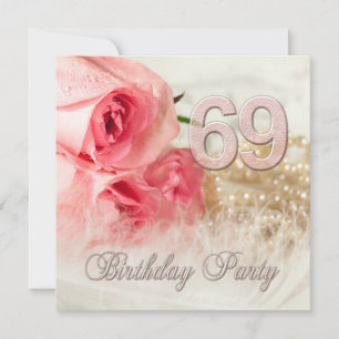 69th Birthday party invitation, roses and pearls Invitation