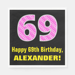 69th Birthday: Pink Stripes and Hearts "69" + Name Napkin