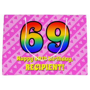 69th Birthday: Pink Stripes & Hearts, Rainbow # 69 Large Gift Bag