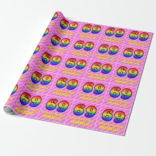 69th Birthday: Pink Stripes & Hearts, Rainbow # 69 Wrapping Paper