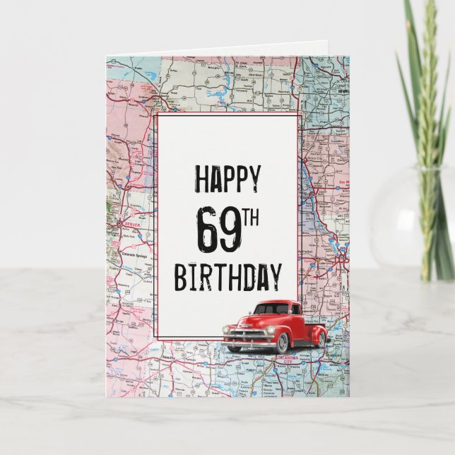 69th Birthday Red Retro Truck on Map   Card (Front)