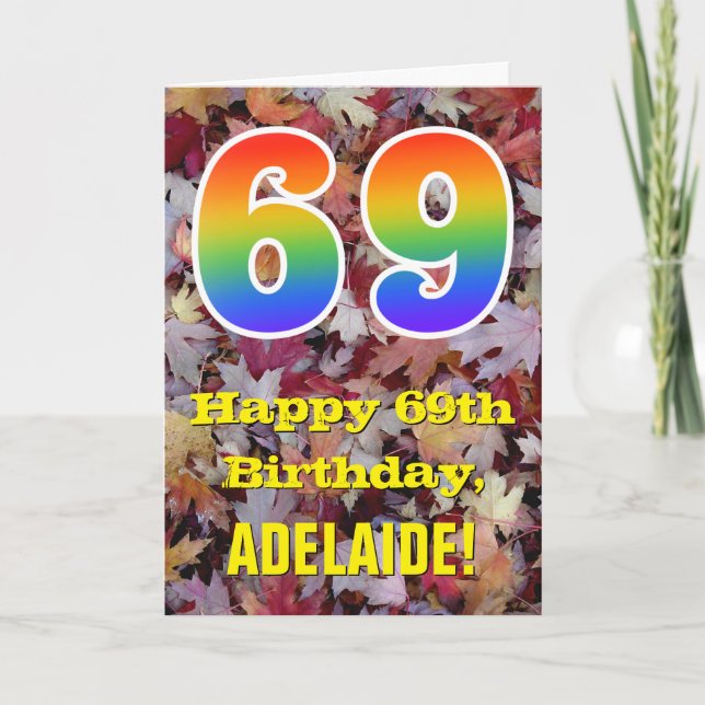 69th Birthday; Rustic Autumn Leaves; Rainbow "69" Card (Front)
