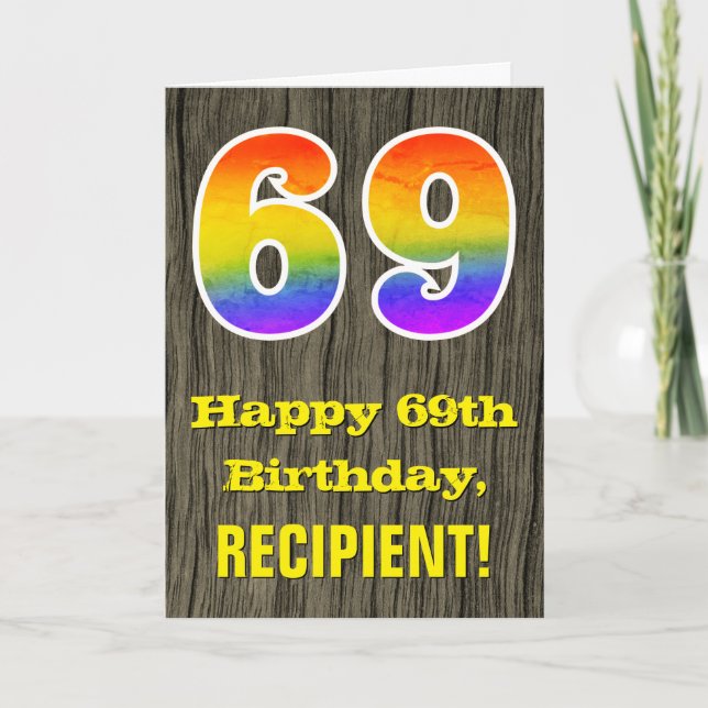 69th Birthday: Rustic Faux Wood Look, Rainbow "69" Card (Front)
