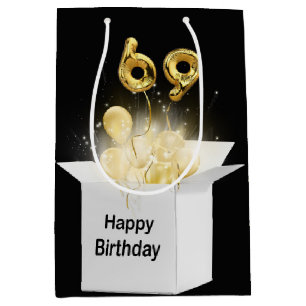 69th Gold Birthday Balloons in White Box Medium Gift Bag