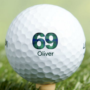 69th Golf Gift - Cool Blue Green Tartan Custom Balls