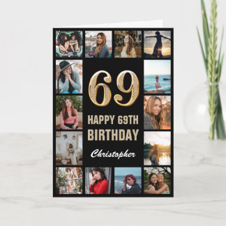 69th Happy Birthday Black and Gold Photo Collage Card