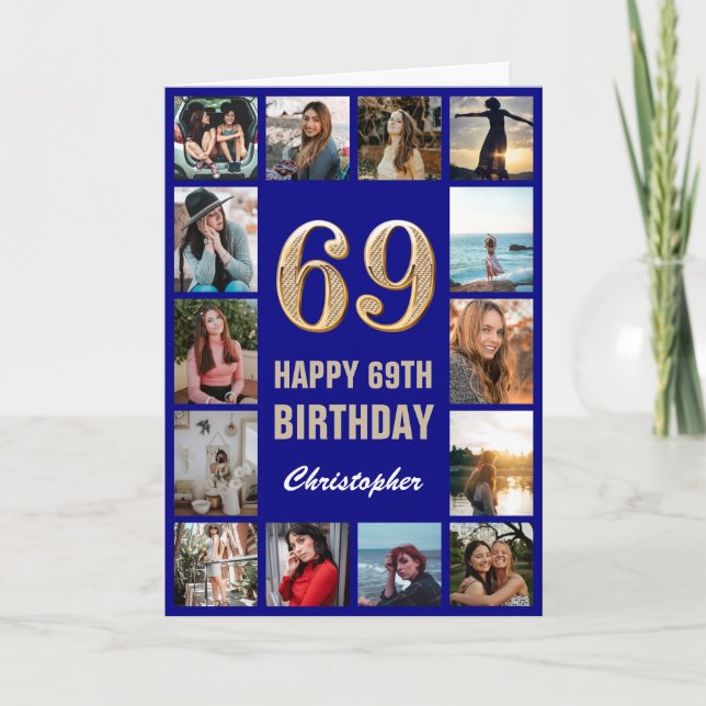 69th Happy Birthday Navy Blue & Gold Photo Collage Card (Front)