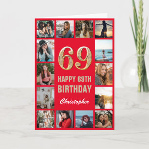 69th Happy Birthday Red and Gold Photo Collage Card