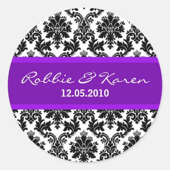 6 - 3" Black Damask & Purple Favour Stickers (Front)