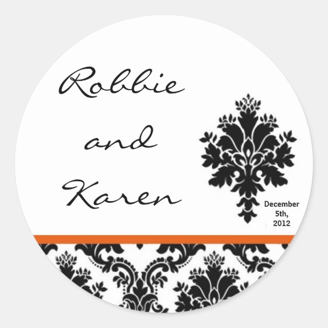 6 - 3" Favour Stickers Black Orange Damask Lace (Front)