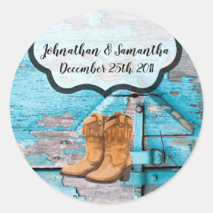 6 - 3" Favour Stickers Blue Wood Barn Door Boots