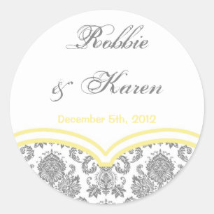 6 - 3" Favour Stickers Grey Yellow Grey Damask Lac