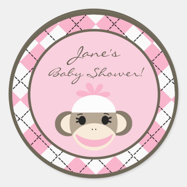 6 - 3"  Favour Stickers Pink Argyle Sock Monkey (Front)