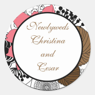 6 - 3" Favour Stickers Pink Flower Brown Leaves