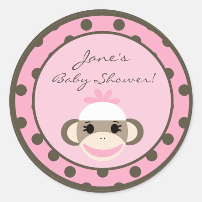 6 - 3"  Favour Stickers Pink Sock Monkey (Front)