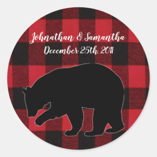 6 - 3" Favour Stickers Red Buffalo Plaid Bear Bla